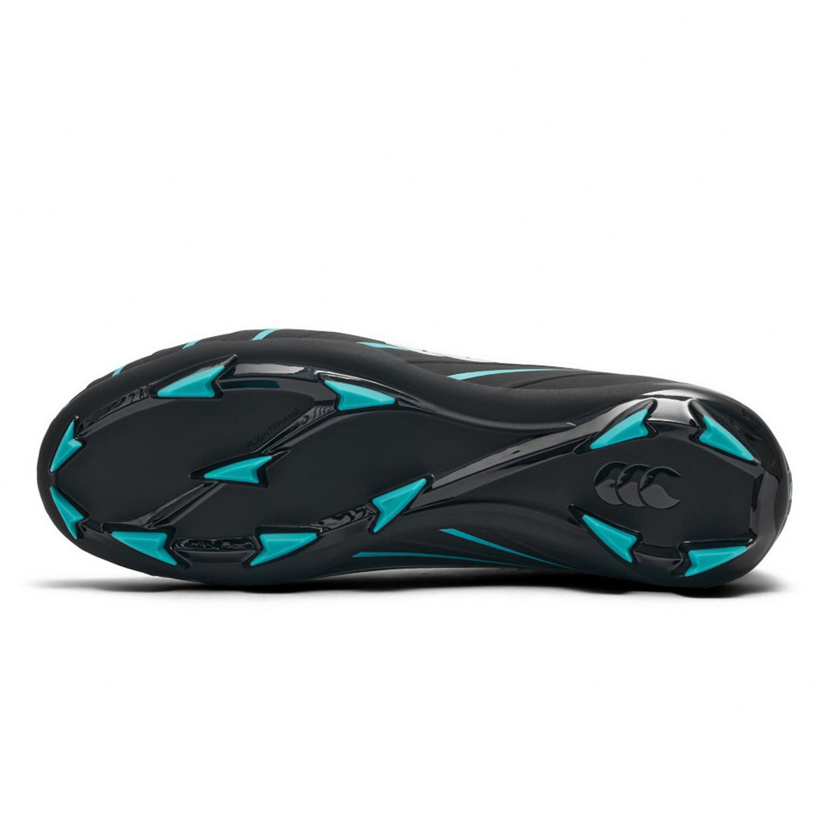 The Canterbury Speed Falcon 2.0 Pro FG in Jet Black/Baltic Green features a black sports shoe outsole with baltic green triangular studs and a white Canterbury logo, engineered for lightweight performance and superior traction on firm ground athletic surfaces.