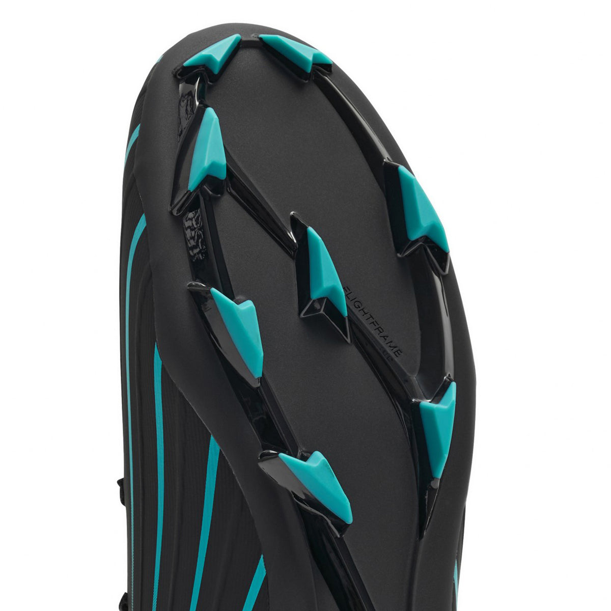 Close-up of the sole of the Canterbury Speed Falcon 2.0 Pro FG soccer cleat by Canterbury, featuring black and Baltic green triangular studs arranged in a zigzag pattern, designed for firm ground to deliver lightweight performance.