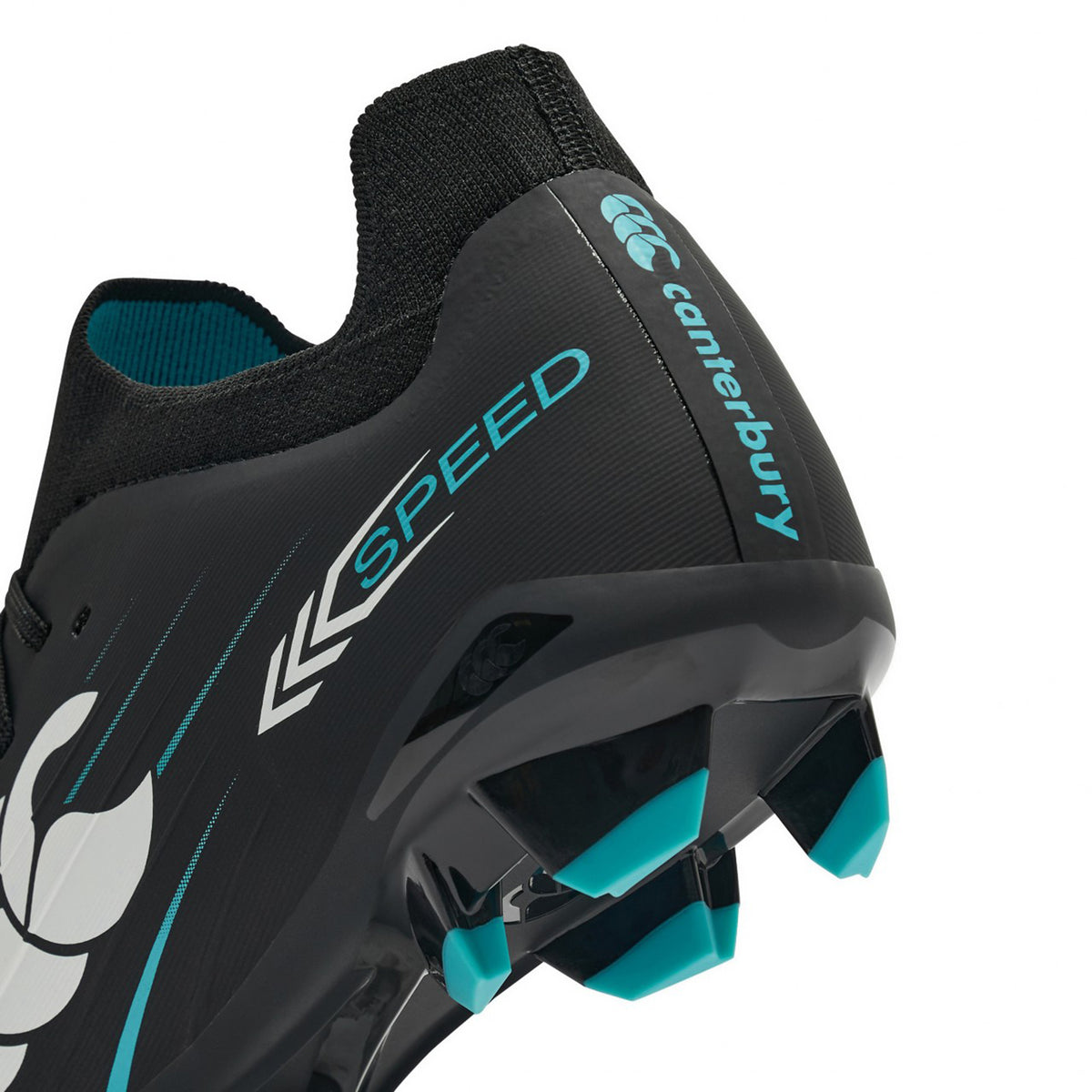 Close-up of the heel and sole of the Canterbury Speed Falcon 2.0 Pro FG rugby boot in Jet Black/Baltic Green, designed for lightweight performance on firm ground, featuring angled studs, Baltic Green accents, and the Canterbury brand logo.