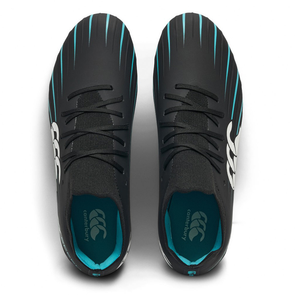 Top view of the Canterbury Speed Falcon 2.0 Pro FG in Jet Black/Baltic Green, featuring black uppers with Baltic Green accents, black laces, and white Canterbury logos on the sides and insoles—designed by Canterbury for lightweight performance on firm ground, reminiscent of modern rugby boots.