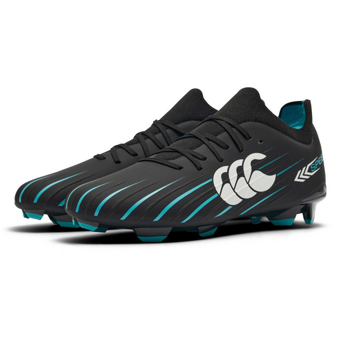 A pair of Canterbury Speed Falcon 2.0 Pro FG rugby boots in Jet Black and Baltic Green, featuring white Canterbury branding and molded studs for lightweight performance on firm ground, are placed side by side on a white background.