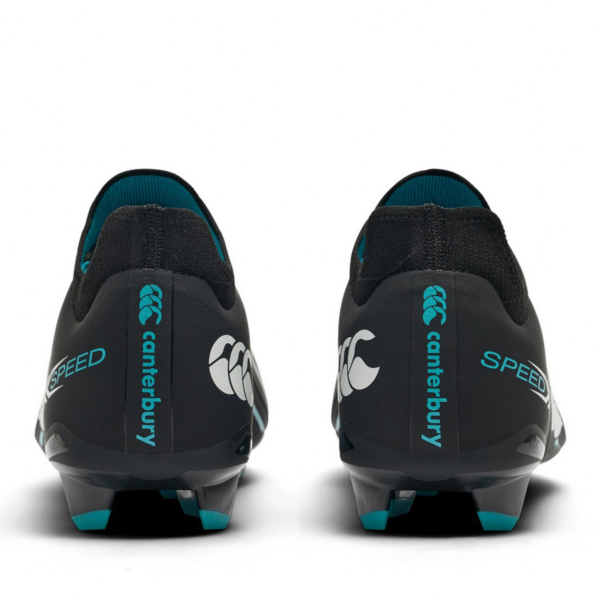 Rear view of the Canterbury Speed Falcon 2.0 Pro FG rugby boots in Jet Black/Baltic Green, engineered for lightweight performance and firm ground play, featuring “SPEED” and the Canterbury logo printed in white and teal on the heels and soles.