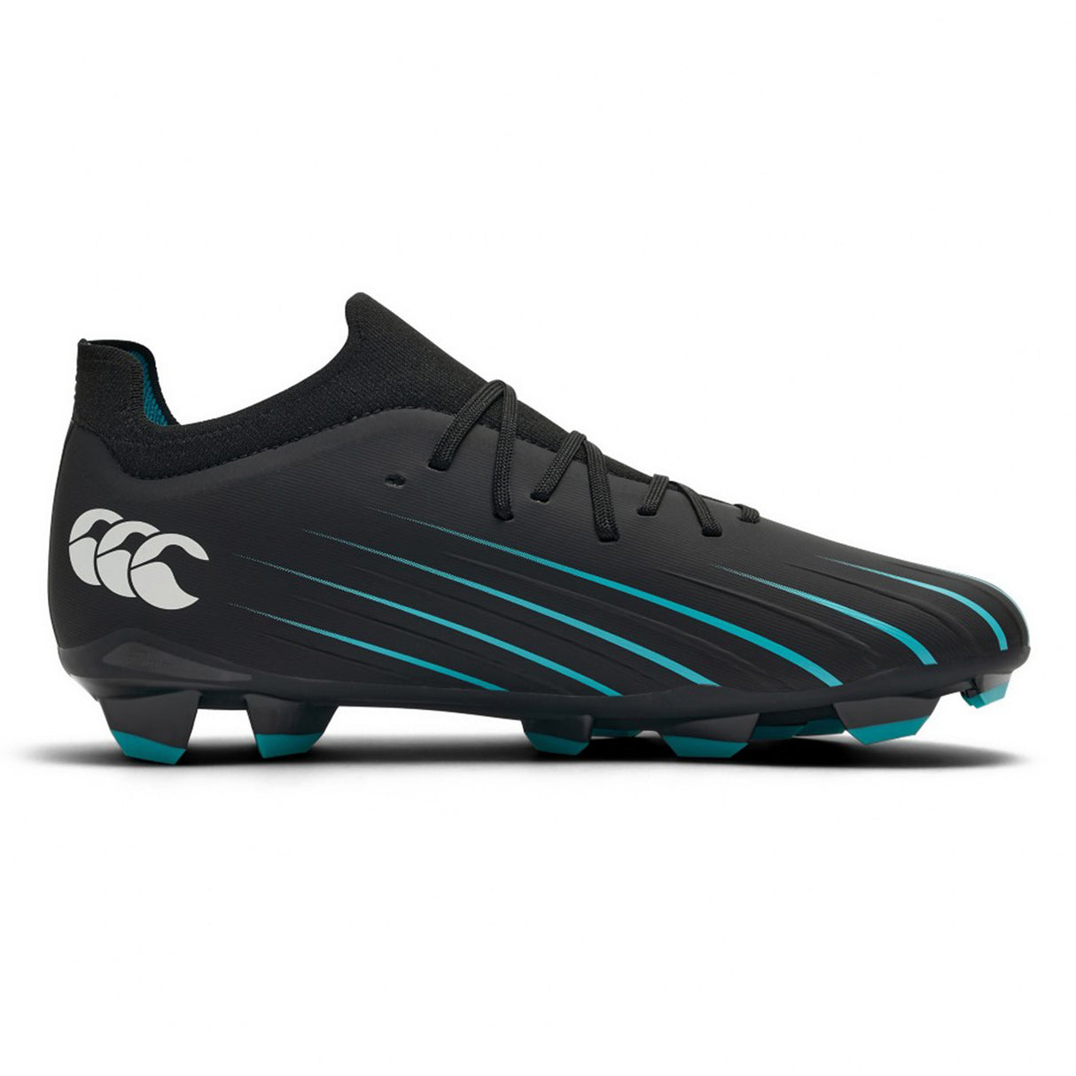 The Canterbury Speed Falcon 2.0 Pro FG in Jet Black/Baltic Green features a lace-up front, teal and blue accents, and a white Canterbury logo on the heel. Designed for firm ground play, this soccer cleat is equipped with molded studs on the sole for lightweight performance.