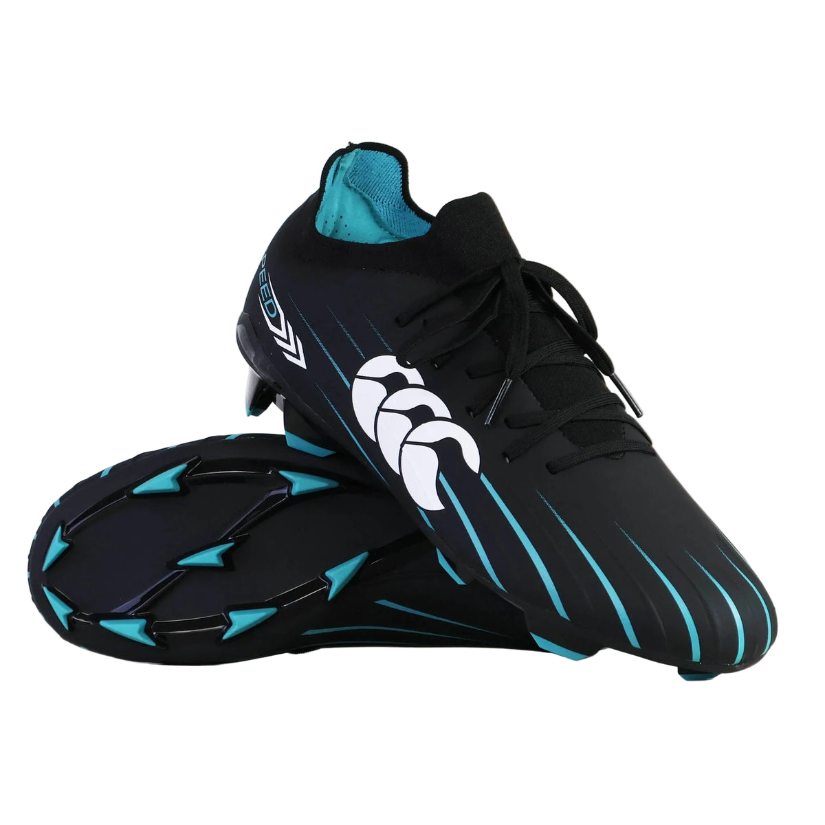 A pair of Canterbury Speed Falcon 2.0 Pro FG soccer cleats in Jet Black/Baltic Green, with one shoe standing upright and the other resting sideways on top to showcase the soles and detailing—expertly engineered by Canterbury for lightweight performance on firm ground.