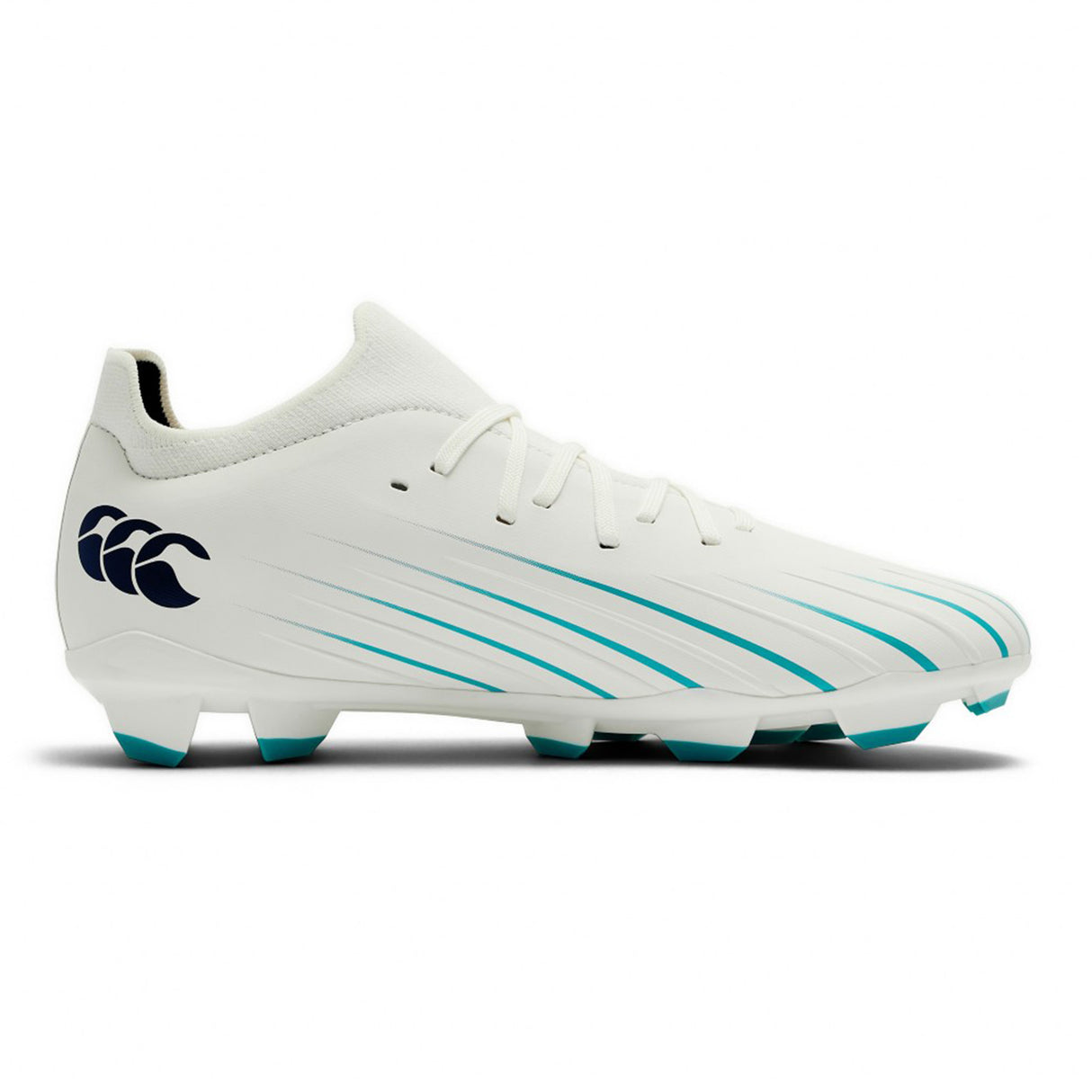 The Canterbury Speed Falcon 2.0 Pro FG rugby boot in white and Baltic Green features blue and teal stripes, a blue Canterbury logo on the side, and turquoise-tipped studs. Engineered for lightweight performance on firm ground, this boot is shown against a white background.