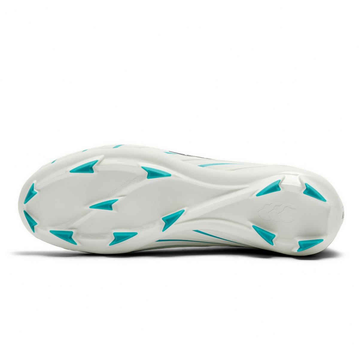 The image displays the white sole of the Canterbury Speed Falcon 2.0 Pro FG rugby boot by Canterbury, featuring Baltic Green traction elements and a textured pattern, which underscores its lightweight performance when viewed from beneath.