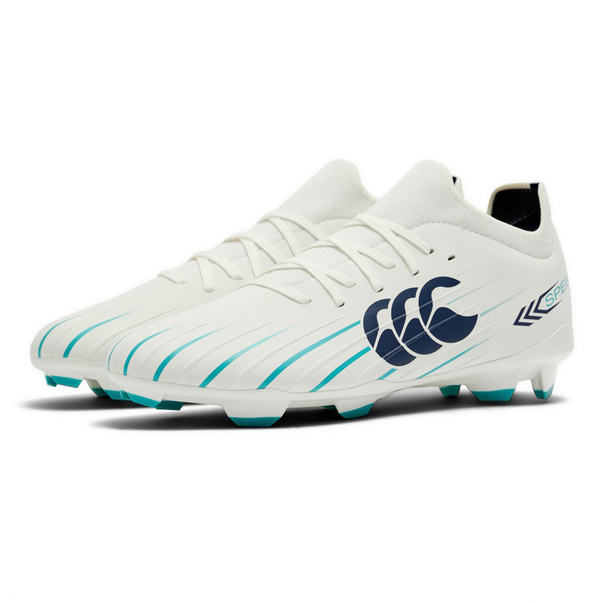 Introducing the Canterbury Speed Falcon 2.0 Pro FG in White/Baltic Green—a stylish pair of white rugby boots accented with vibrant blue and teal tones. Featuring the signature Canterbury logo on the side and equipped with molded studs for lightweight, stable performance, these firm ground boots are expertly crafted to deliver both style and reliability on the pitch.