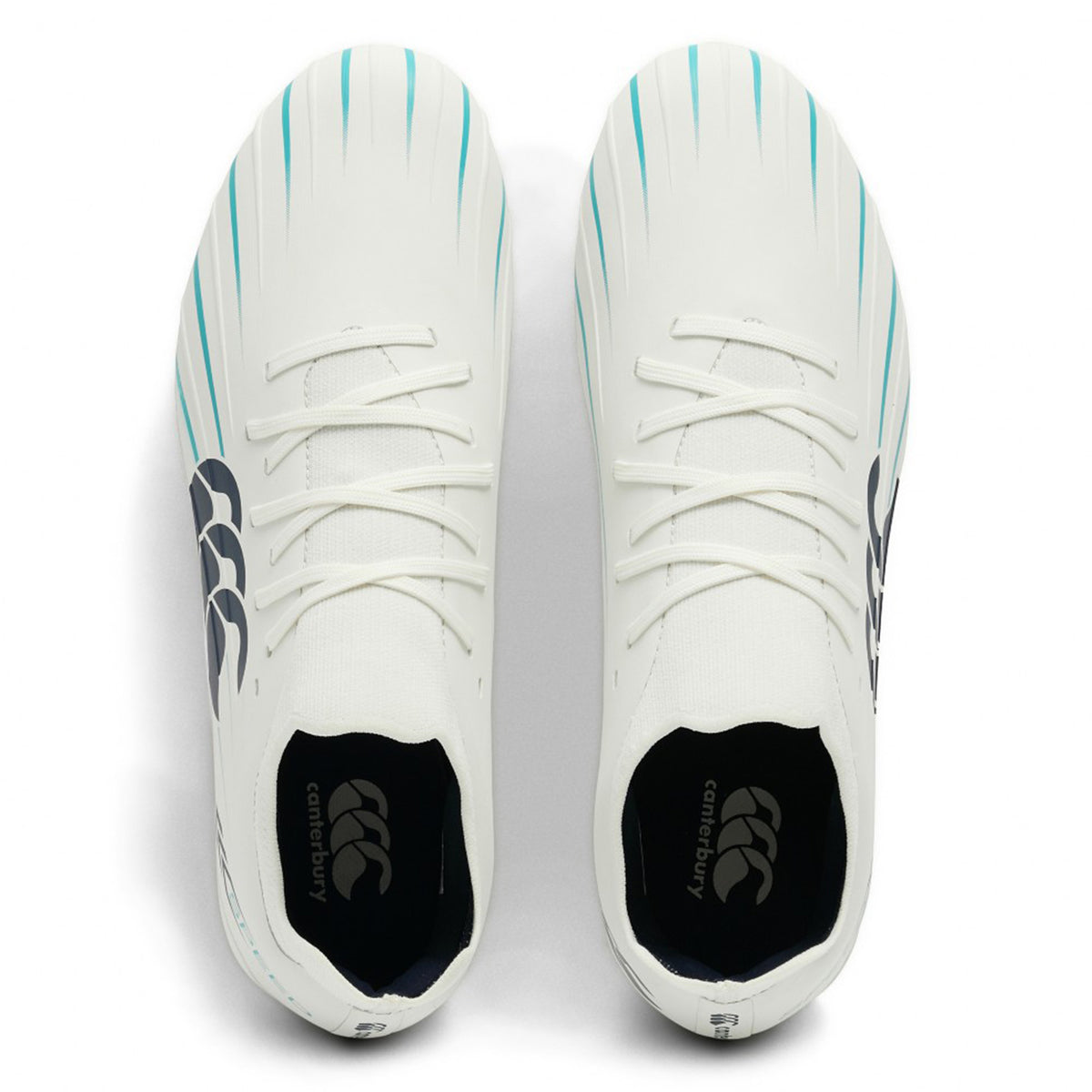 Top view of a pair of Canterbury Speed Falcon 2.0 Pro FG boots in white with Baltic Green accents and black Canterbury logos on the sides and insoles, placed side by side on a white background—these lightweight performance firm ground boots are designed for comfort and agility on the pitch.