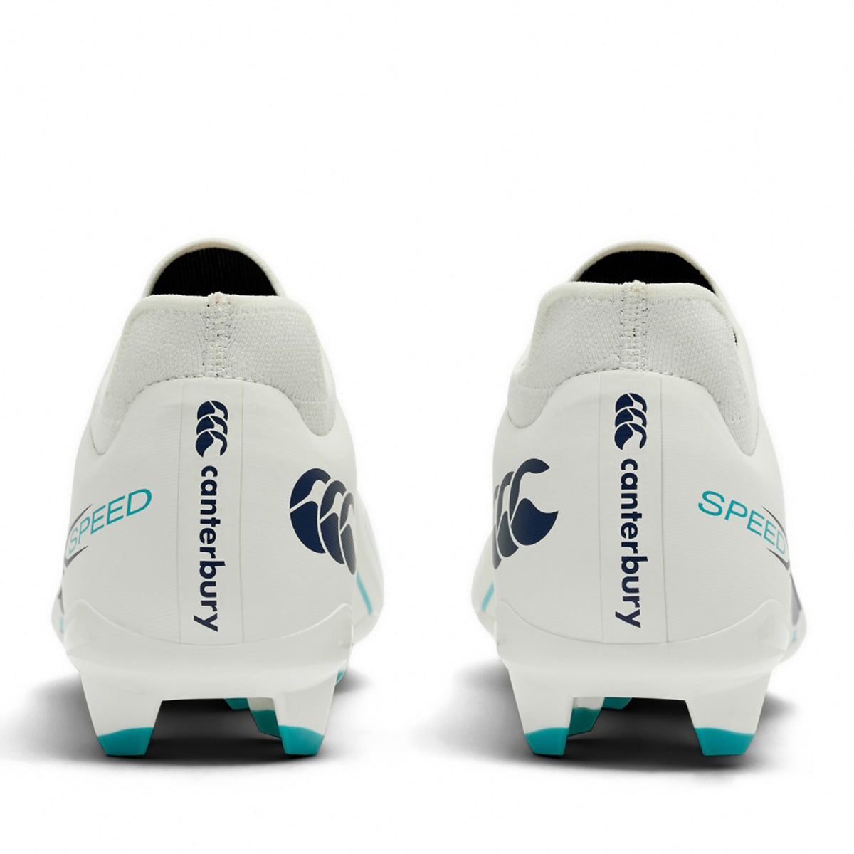 Back view of two white Canterbury Speed Falcon 2.0 Pro FG rugby boots featuring blue and Baltic Green branding and studs on the soles, set against a plain white background.