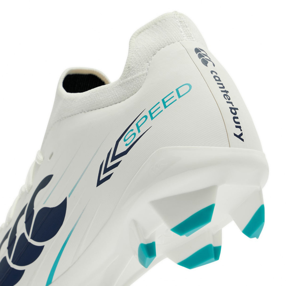 A close-up of the Canterbury Speed Falcon 2.0 Pro FG rugby boot in white, featuring "SPEED" text and Baltic Green accents on the sole and heel, designed by Canterbury for lightweight performance.
