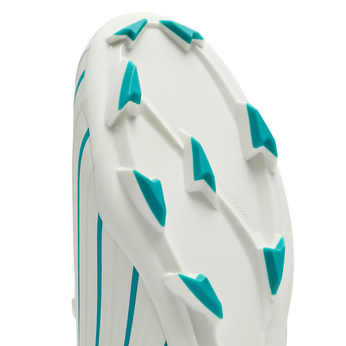 Close-up of the sole of the Canterbury Speed Falcon 2.0 Pro FG in White/Baltic Green, featuring teal triangular studs and striped accents—designed by Canterbury for lightweight performance on firm ground.