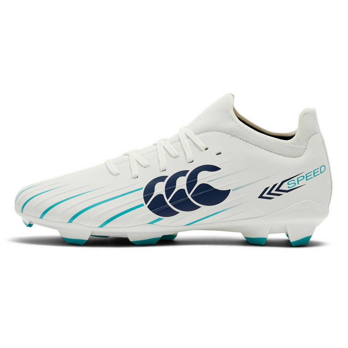 Showcase your speed on the pitch with the Canterbury Speed Falcon 2.0 Pro FG in White/Baltic Green. Featuring bold Baltic Green and navy accents, a prominent logo, and the word "SPEED" along the side, these lightweight Canterbury firm ground boots offer exceptional traction and style. Teal-tipped studs on the sole ensure confident footing for top performance during every match.