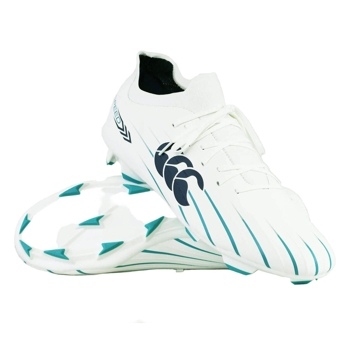 The Canterbury Speed Falcon 2.0 Pro FG rugby boots by Canterbury feature a white and Baltic green design with black branding, cleated soles, and a lace-up construction for lightweight performance ideal on firm ground.