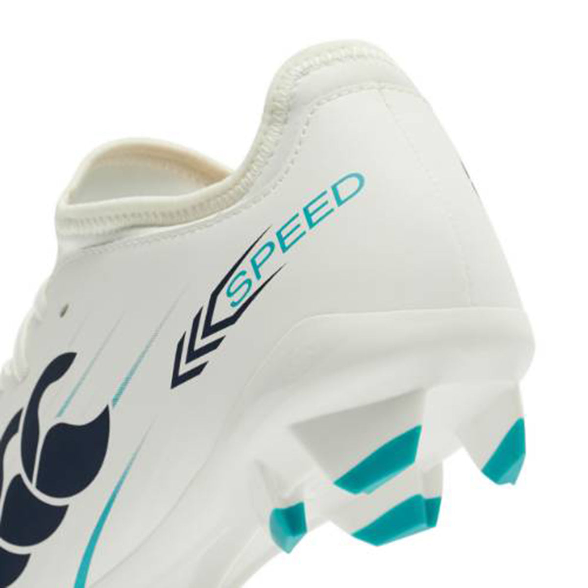 Close-up of the Canterbury Speed Falcon 2.0 Team FG firm-ground boot in white with "SPEED" text and Baltic Green accents on the heel and sole studs.