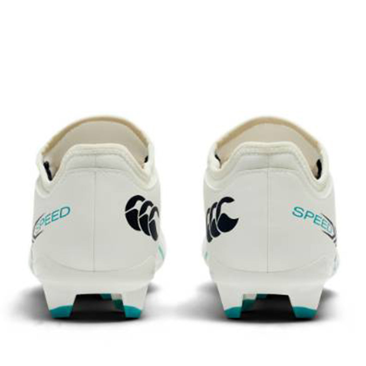 Rear view of the Canterbury Speed Falcon 2.0 Team FG rugby boots in white with Baltic Green and black accents, showcasing the word "SPEED" and a black Canterbury logo on each heel. These lightweight Canterbury boots are built for firm-ground play, seamlessly combining style and performance.