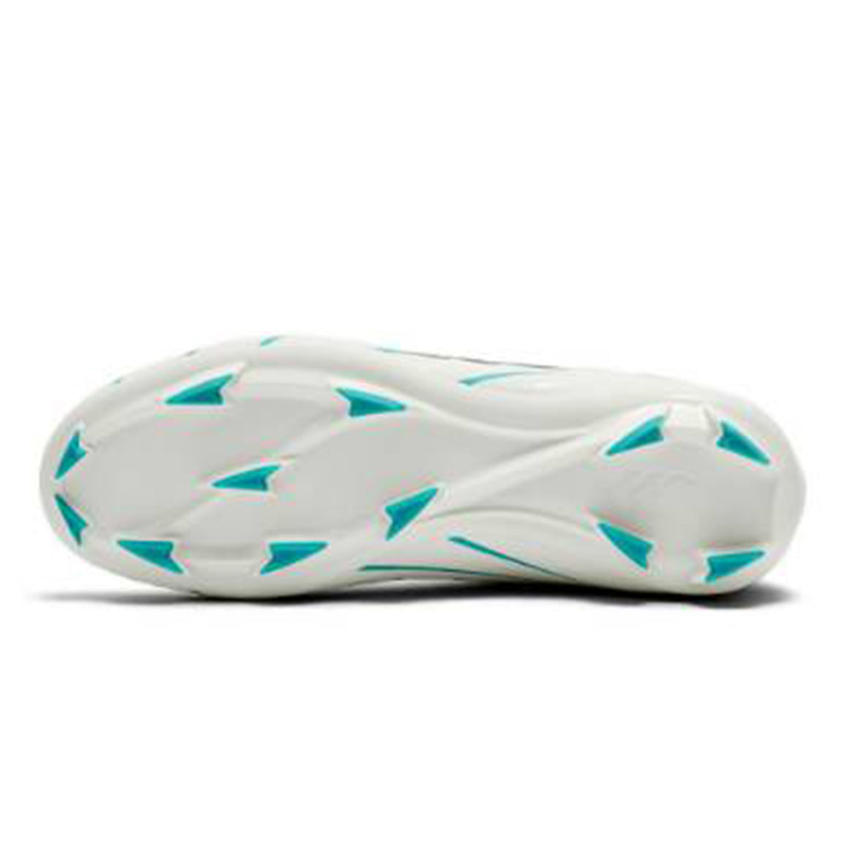 The image displays the white sole of the Canterbury Speed Falcon 2.0 Team FG rugby boot by Canterbury, featuring Baltic Green traction accents and a wavy, segmented pattern, set against a plain white background.