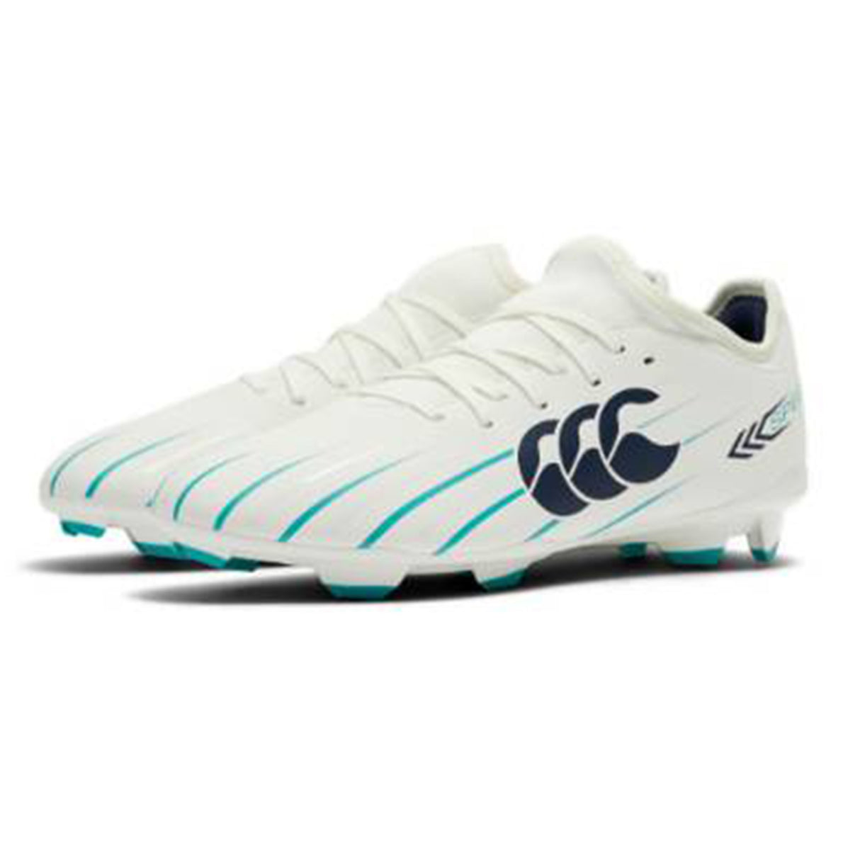 The Canterbury Speed Falcon 2.0 Team FG rugby boots by Canterbury, in white with Baltic Green accents and a black logo, feature molded studs for traction. These lightweight boots are displayed on a white background.