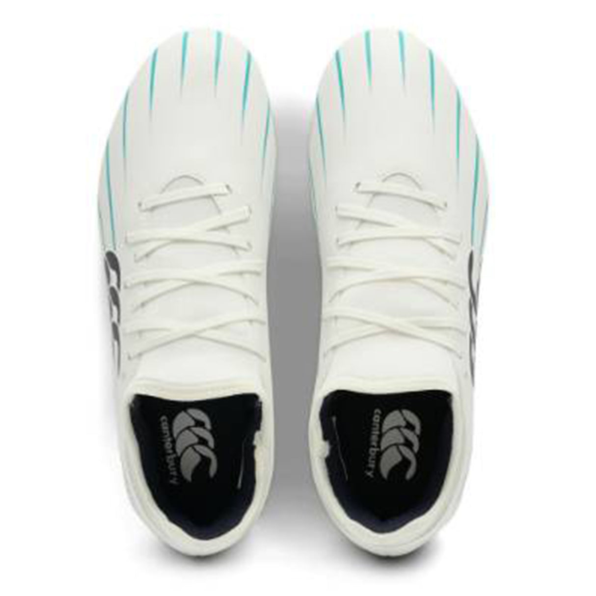A pair of Canterbury Speed Falcon 2.0 Team FG rugby boots in White/Baltic Green, featuring teal stripes and black Canterbury logos, are viewed from above on a plain background to highlight the sleek, lightweight design of this modern rugby boot.