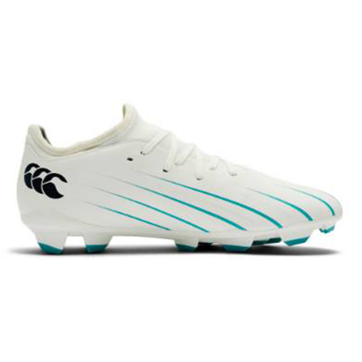 The Canterbury Speed Falcon 2.0 Team FG by Canterbury is a white lightweight rugby boot featuring a black logo, baltic green lines, and baltic green-tipped studs, shown from the side on a plain background.