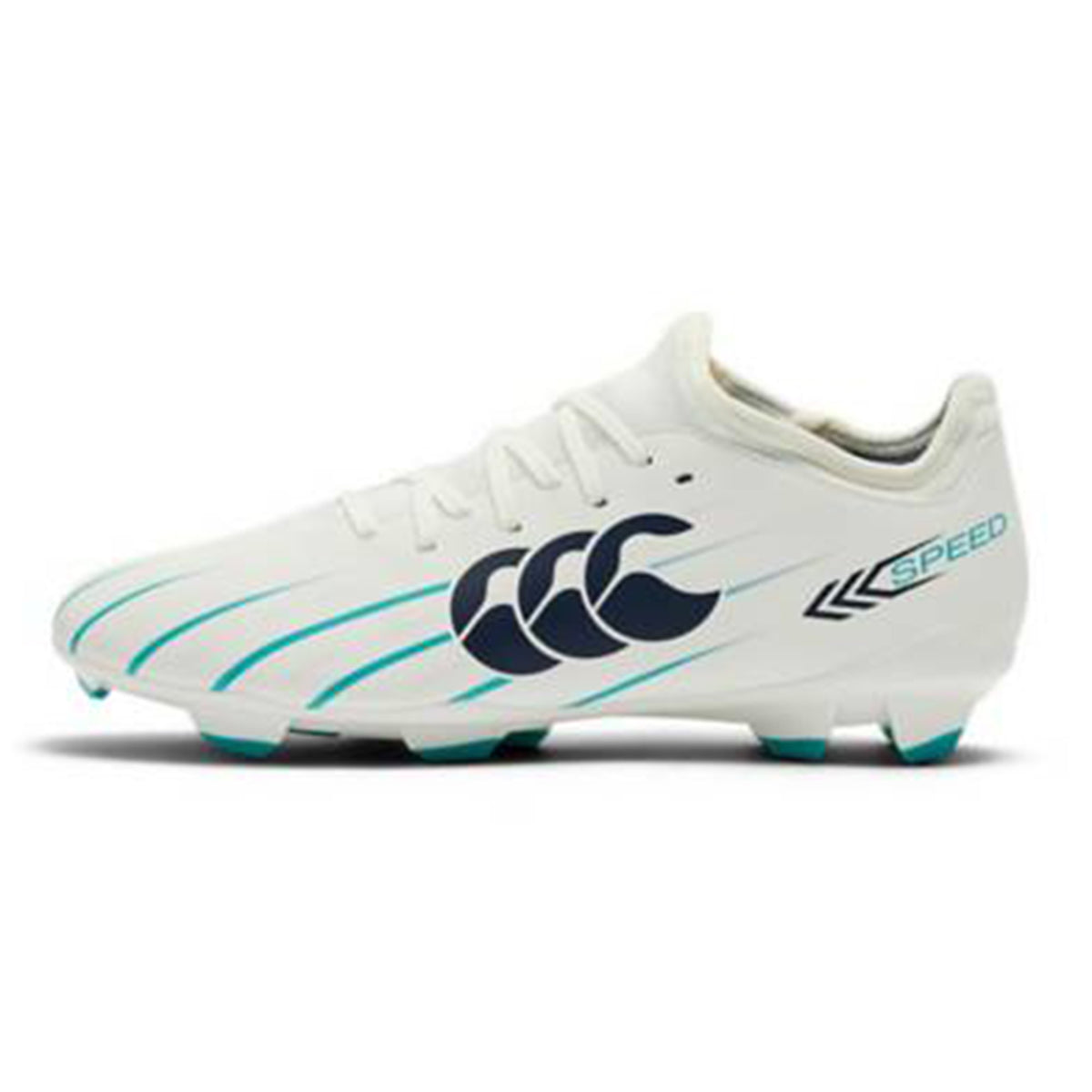 Sure! Here’s a rewrite of your sentence using the provided product data: The Canterbury Speed Falcon 2.0 Team FG in White/Baltic Green is a lightweight firm-ground rugby boot featuring eye-catching teal and black accents, Canterbury’s signature "CCC" logo on the side, "SPEED" text near the heel, and turquoise-tipped studs—perfect for players seeking both style and high-level performance.