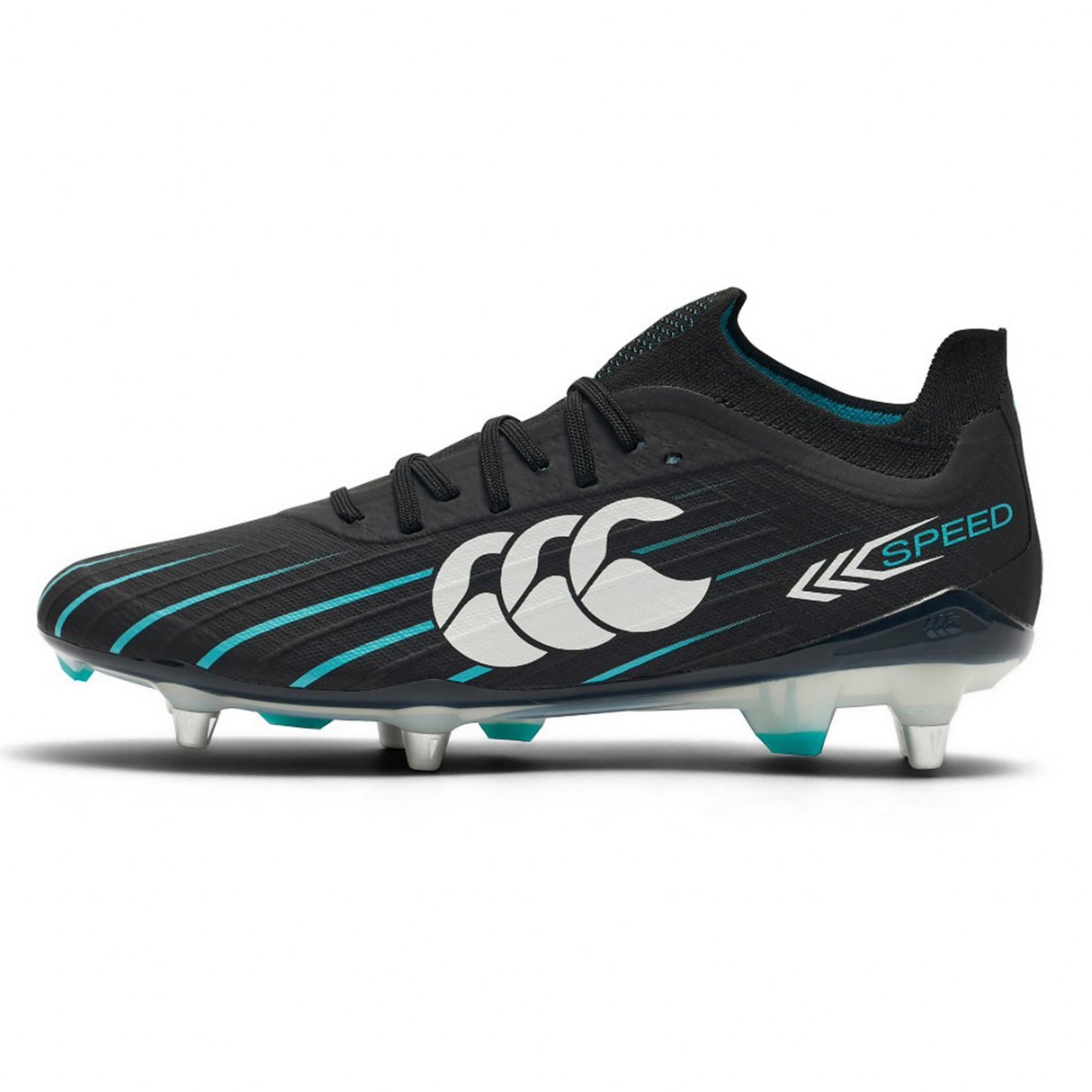 The Canterbury Speed Falcon 2.0 Elite SG rugby boot by Canterbury comes in Jet Black with Baltic Green accents, showcases a prominent white logo on the side labeled “Speed,” and is equipped with metal studs on the sole to deliver optimal performance on soft ground.