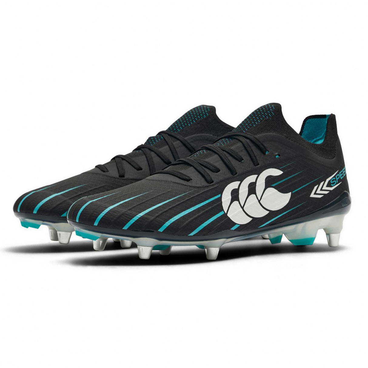 A pair of Canterbury Speed Falcon 2.0 Elite SG rugby boots in Jet Black and Baltic Green, featuring white Canterbury branding and molded studs for soft ground, displayed against a white background.