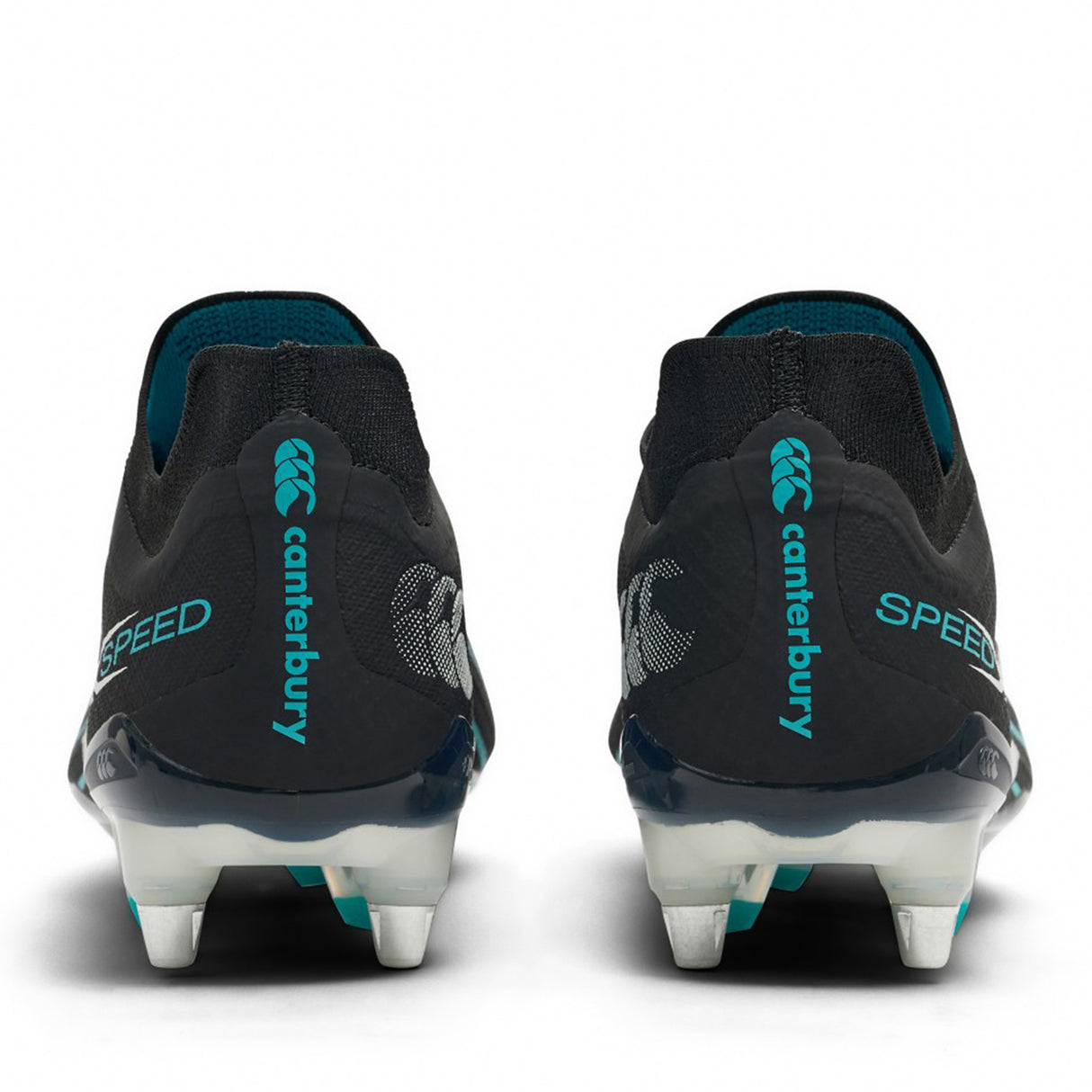 Rear view of two Canterbury Speed Falcon 2.0 Elite SG rugby boots in Jet Black and Baltic Green, featuring metal studs for soft ground, teal Canterbury branding, and "SPEED" printed on the heels.