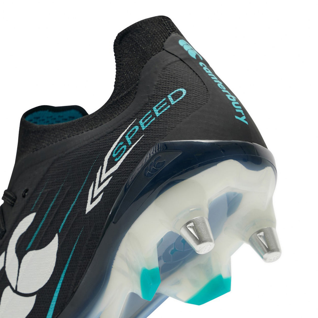 Close-up of the heel and sole of a Canterbury Speed Falcon 2.0 Elite SG rugby boot in Jet Black/Baltic Green, featuring metal studs for soft ground, with "SPEED" and "Canterbury" displayed on the side.