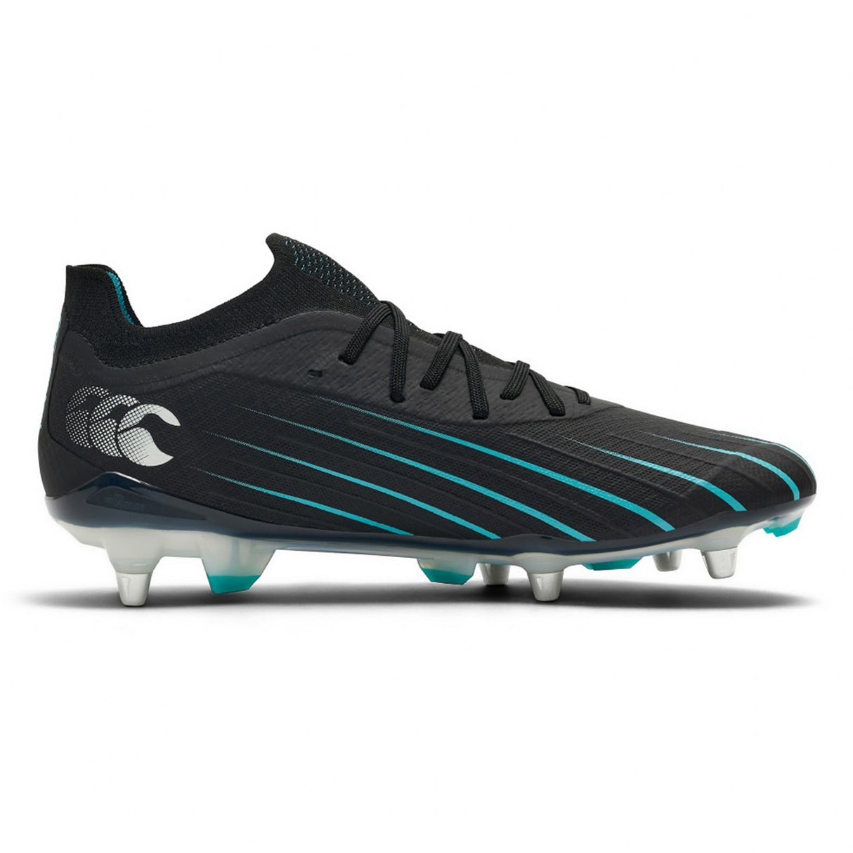 A Canterbury Speed Falcon 2.0 Elite SG rugby boot in Jet Black and Baltic Green, featuring white studs, black laces, and a white Canterbury logo on the heel, is displayed against a plain white background—ideal for soft ground play.