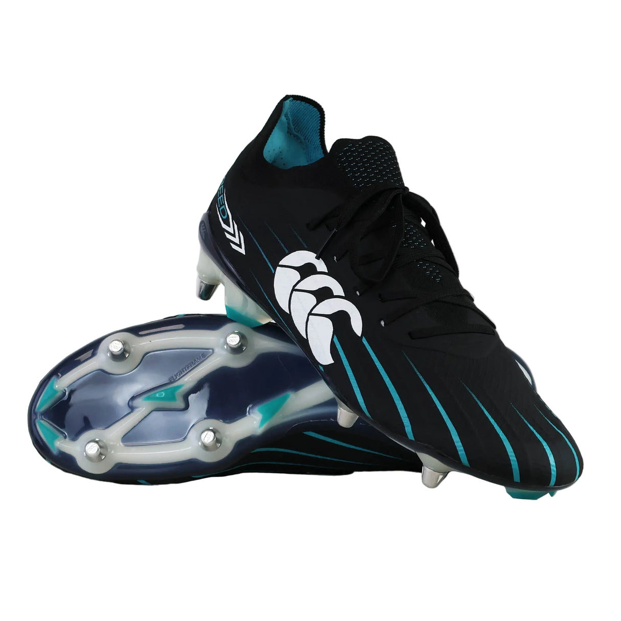 A pair of Canterbury Speed Falcon 2.0 Elite SG rugby boots in Jet Black/Baltic Green with metal studs, designed for soft ground; one boot stands upright while the other showcases the sole.