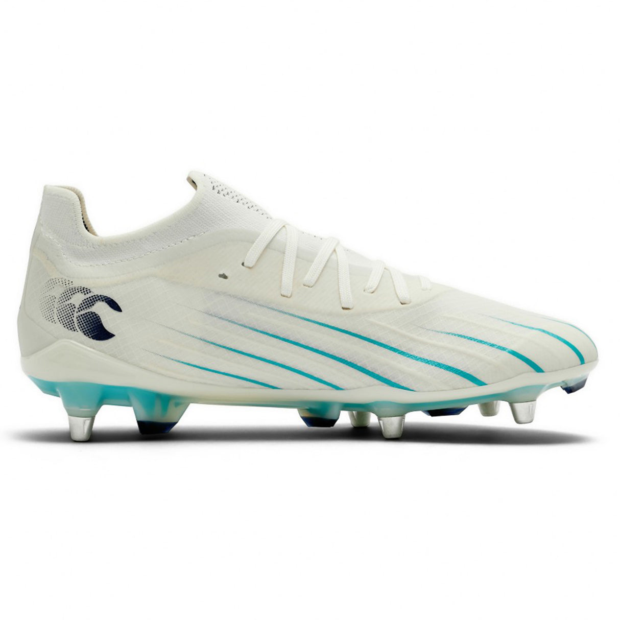 A side view of the Canterbury Speed Falcon 2.0 Elite SG soccer cleat by Canterbury, featuring a white upper with Baltic Green accents, a textured surface, and metal studs on the sole for soft ground play.