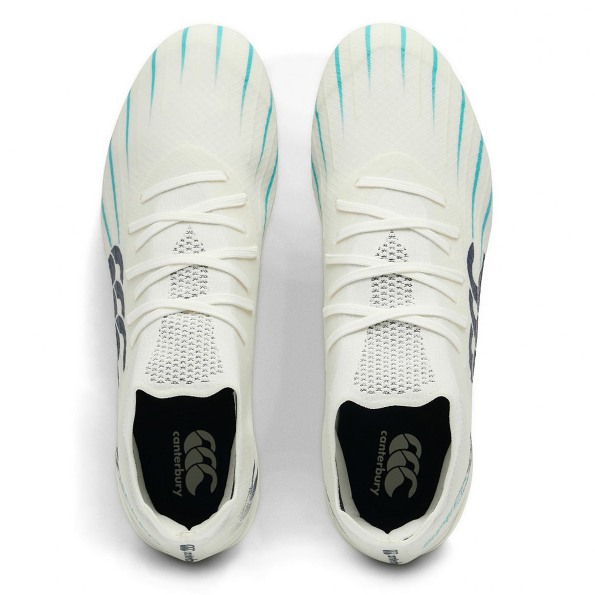 Top view of a pair of Canterbury Speed Falcon 2.0 Elite SG rugby boots in White/Baltic Green, featuring mesh detailing, Canterbury branding inside the heel area, and designed for optimal performance on soft ground.