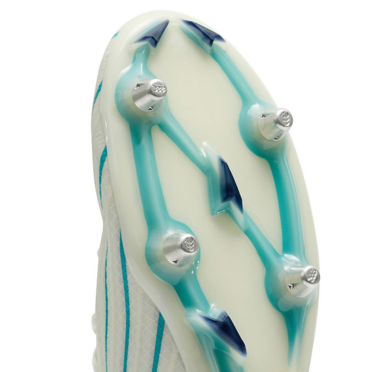 Close-up of the Canterbury Speed Falcon 2.0 Elite SG - White/Baltic Green rugby boots sole by Canterbury, highlighting four metal studs and blue plastic supports on a white base, engineered for optimal grip on soft ground.