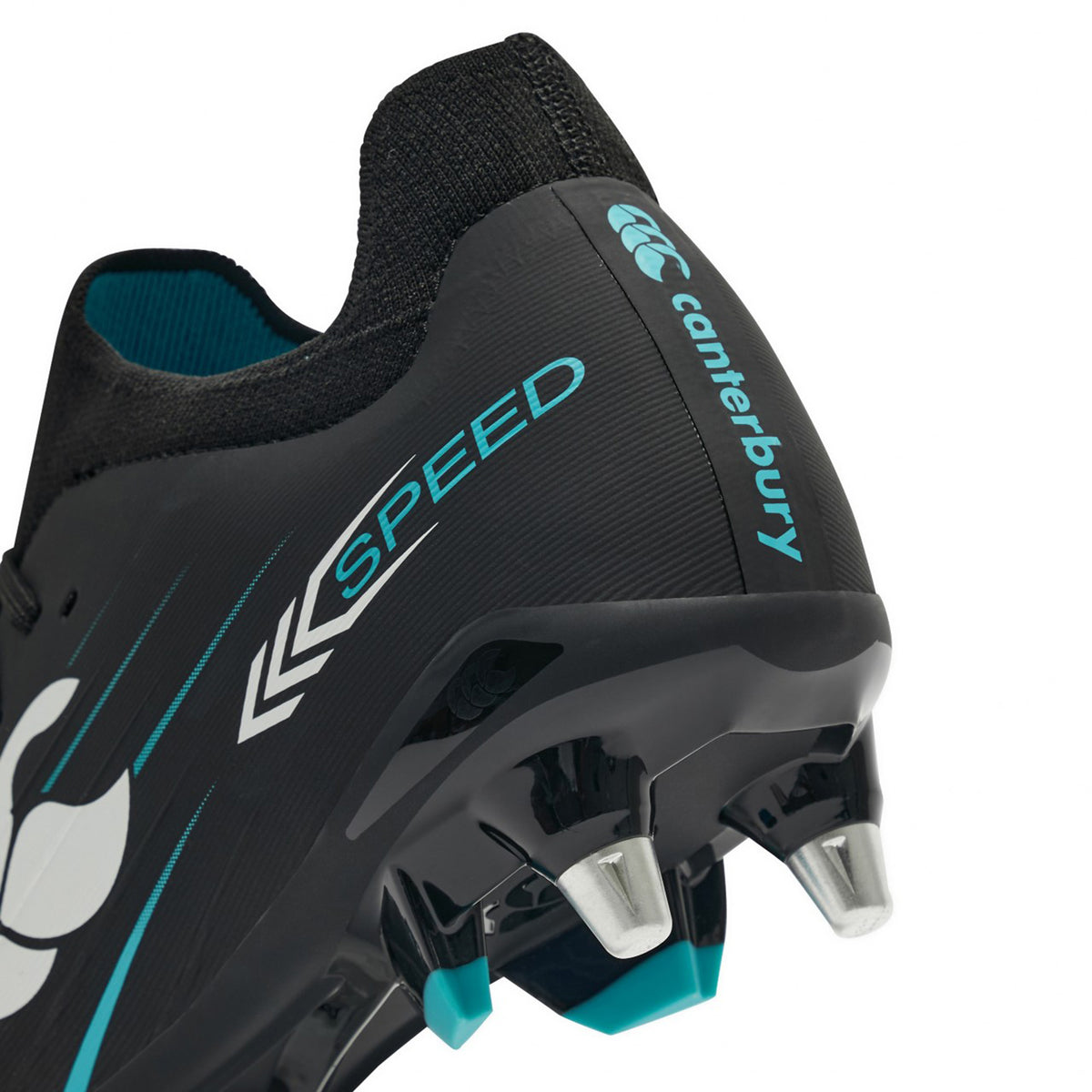 Close-up of the Canterbury Speed Falcon 2.0 Pro SG rugby boot in Jet Black/Baltic Green, showcasing its lightweight design, metal soft ground studs, teal accents, “SPEED” text, and the Canterbury logo on the heel.