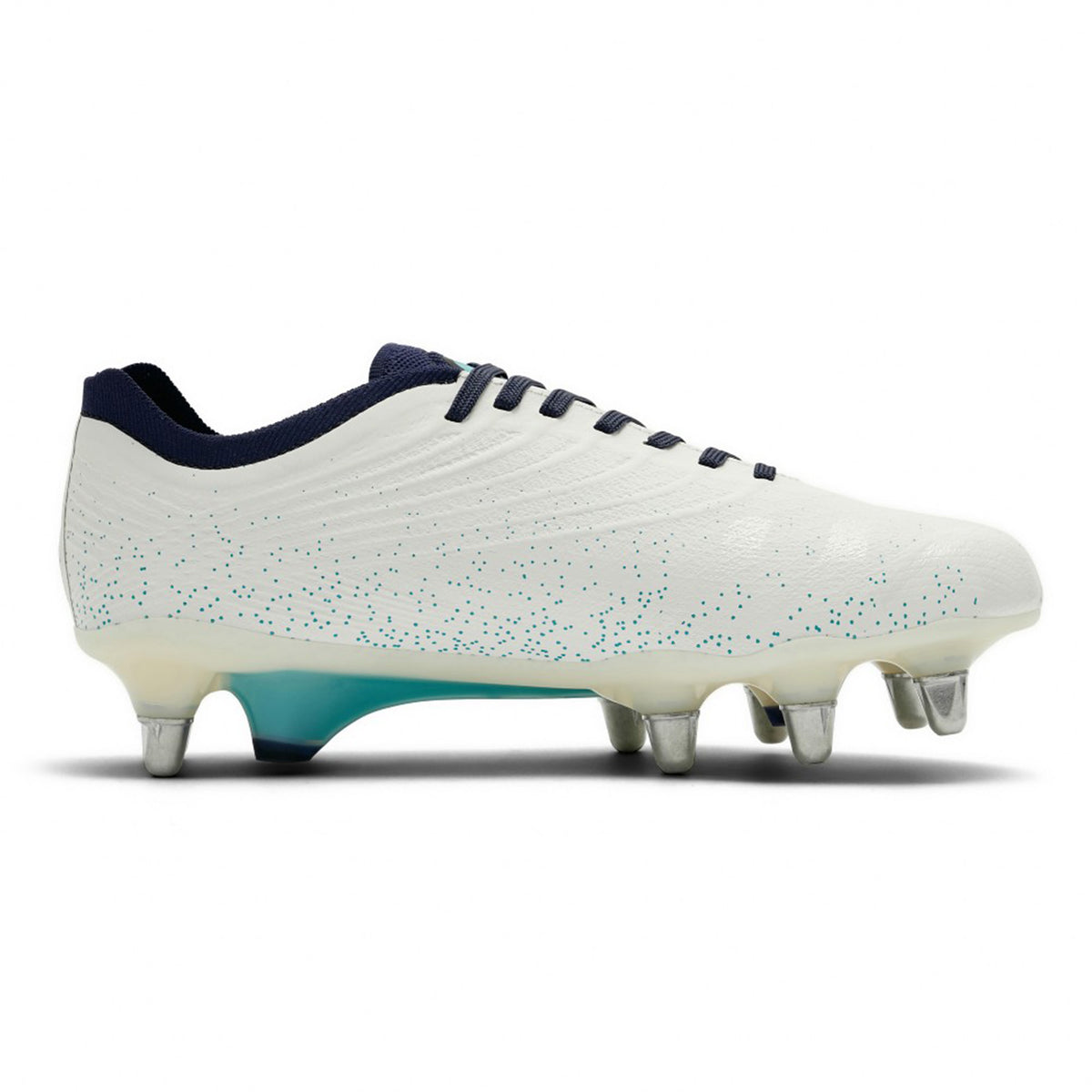 Canterbury Stampede Groundbreak Elite SG Rugby Boots in white and Baltic Green, featuring blue-green speckled accents, dark blue laces, and metal studs.