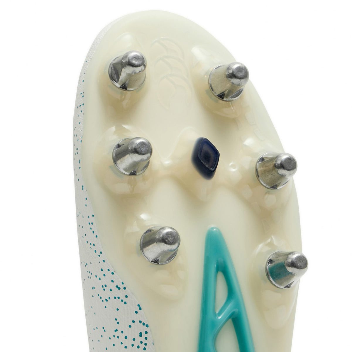Close-up of the white sole of Canterbury Stampede Groundbreak Elite SG Rugby Boots, featuring eight metal studs and a blue support structure.