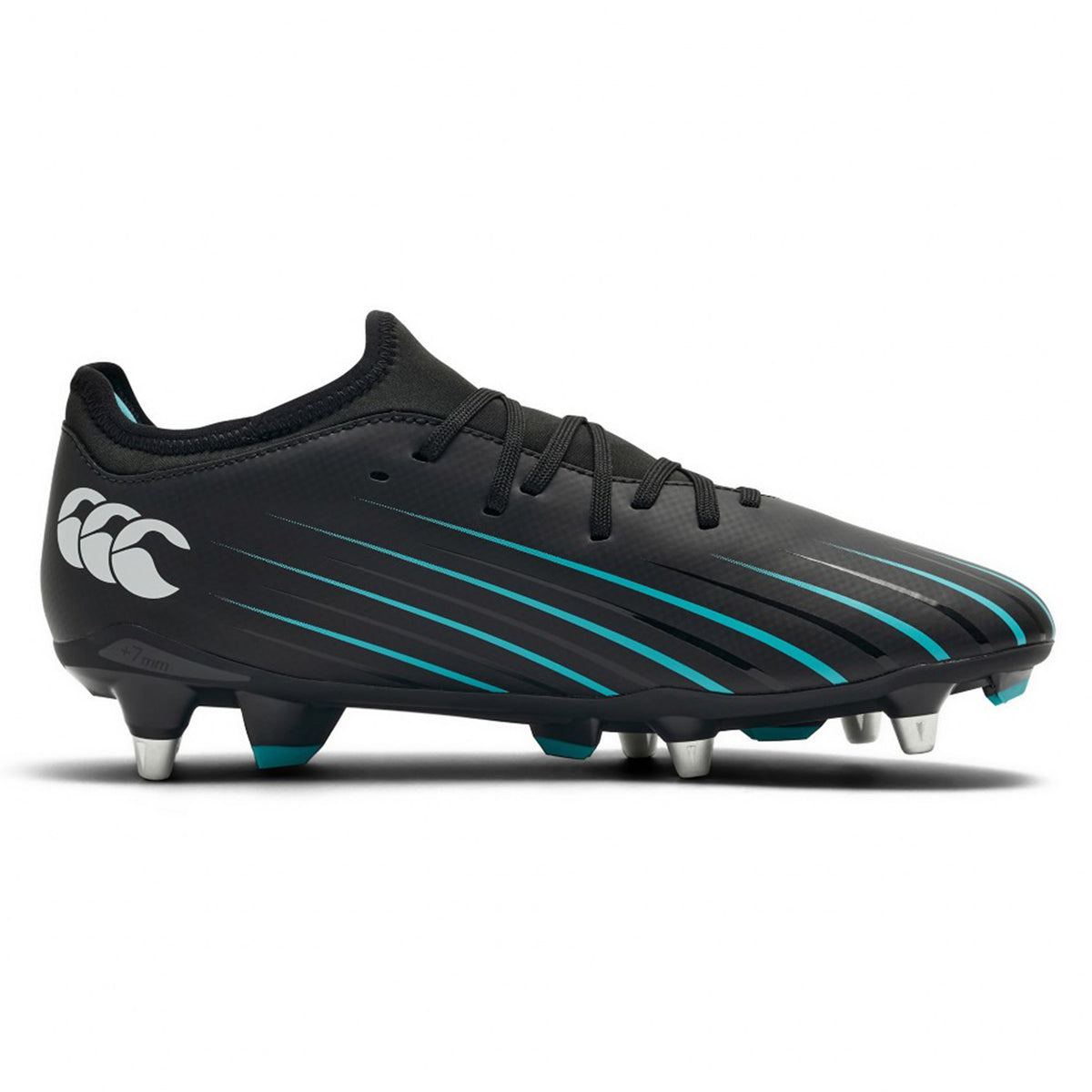 The Canterbury Speed Falcon 2.0 Team SG in Jet Black and Baltic Green features a striking black and teal design with metal studs, a white Canterbury logo on the heel, and streamlined graphic lines along the side—these soft-ground football boots deliver reliable traction and comfort for demanding play in wet or muddy conditions.