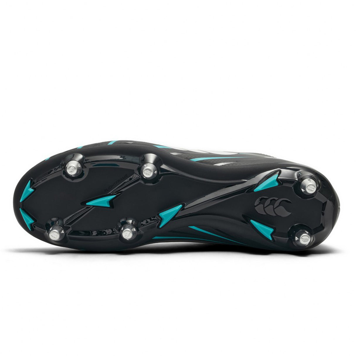 The image shows the black and Baltic green sole of the Canterbury Speed Falcon 2.0 Team SG soft-ground football boot, featuring six metal studs and the Canterbury logo near the arch.