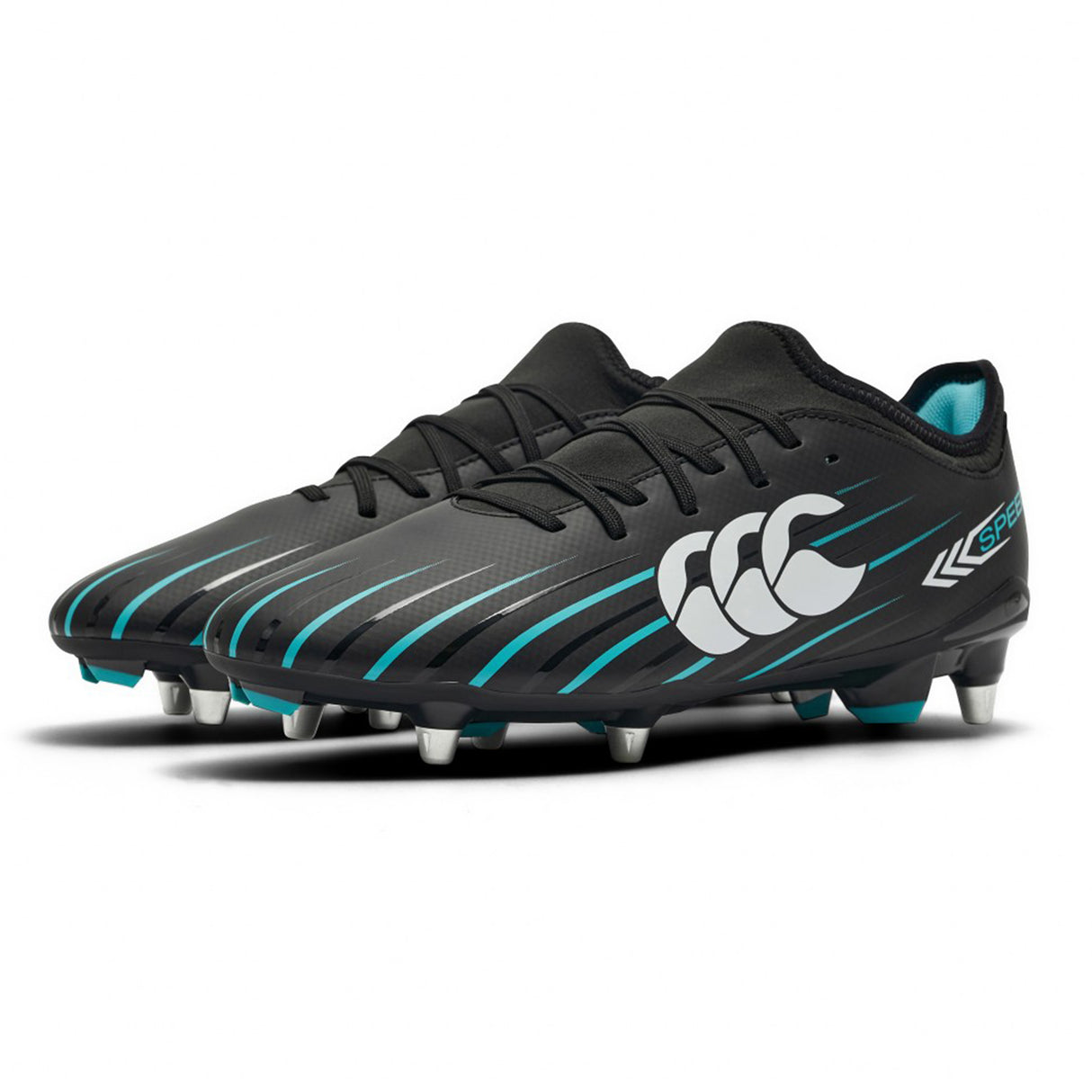 A pair of Canterbury Speed Falcon 2.0 Team SG soft-ground football boots in Jet Black and Baltic Green, featuring metal studs, a large white Canterbury logo, and turquoise accents.