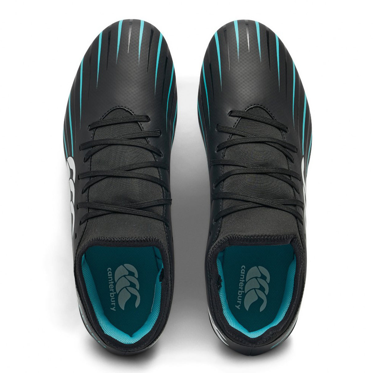 A pair of Canterbury Speed Falcon 2.0 Team SG football boots in Jet Black with Baltic Green accents, shown from above with visible laces and branded insoles—these are the ideal budget choice for players who want both style and performance on the pitch.