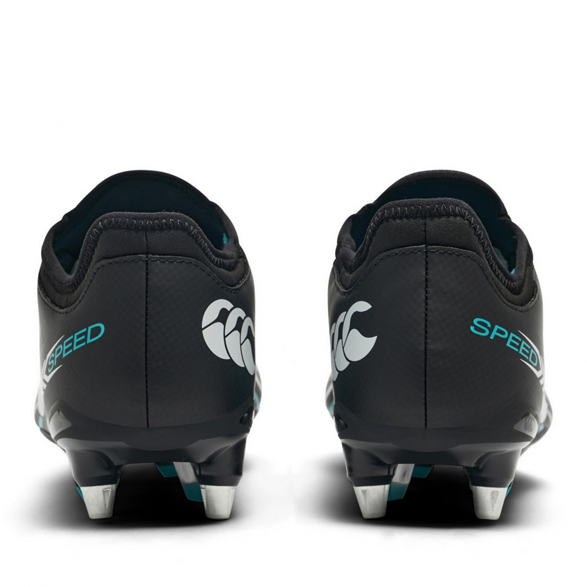 Pair of Canterbury Speed Falcon 2.0 Team SG football boots in Jet Black/Baltic Green, viewed from the back, displaying "CCC" logos and "SPEED" text, with metallic studs on each sole.