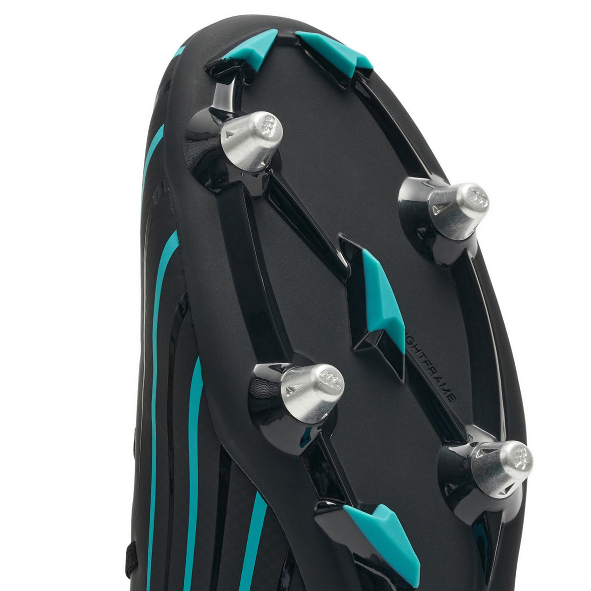 Close-up of the sole of the Canterbury Speed Falcon 2.0 Team SG in Jet Black and Baltic Green from Canterbury, a lightweight soccer cleat with silver metal studs and turquoise accents—ideal for players seeking soft-ground football boots.