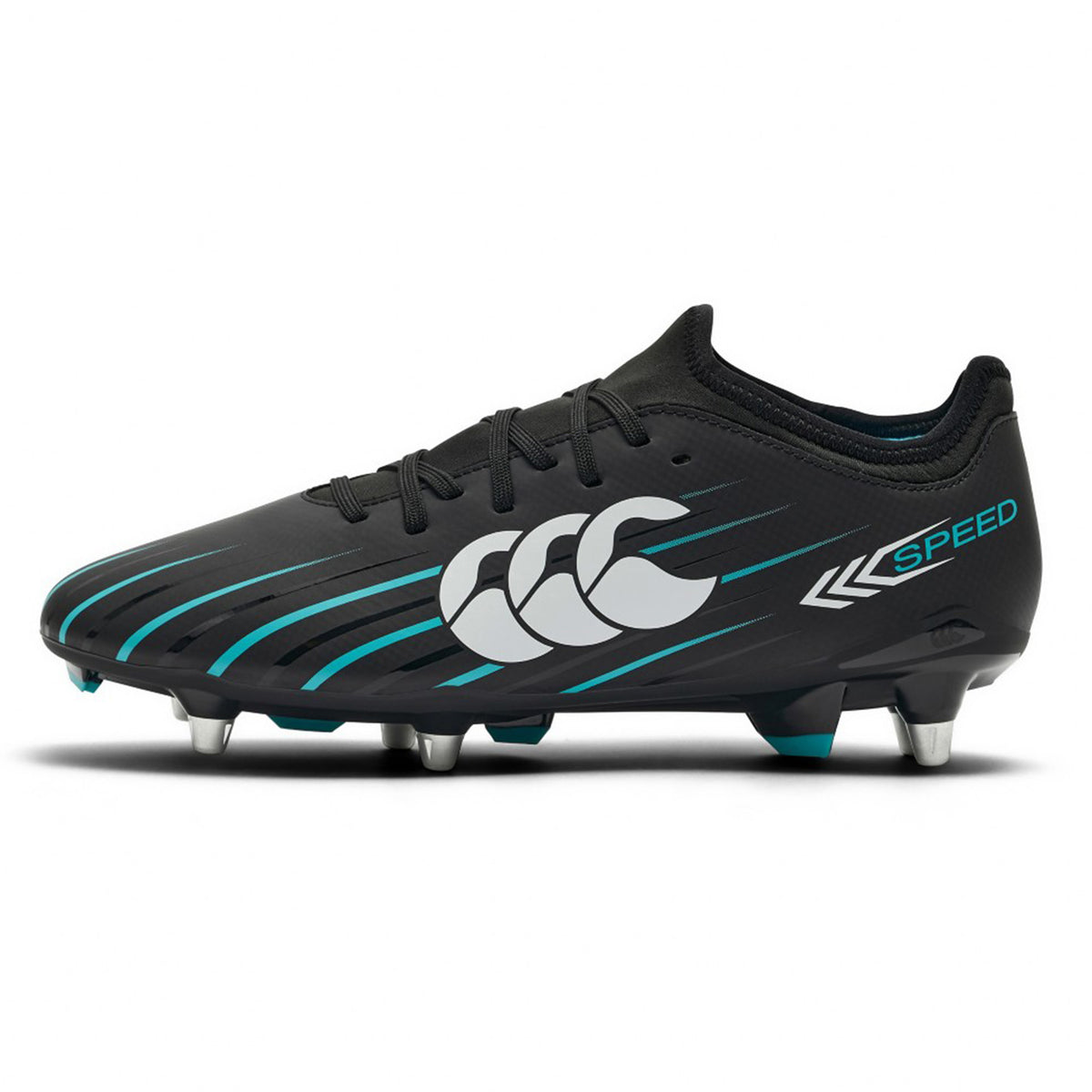 The Canterbury Speed Falcon 2.0 Team SG football boots in Jet Black/Baltic Green feature silver studs for reliable traction on wet pitches, with a bold white Canterbury logo and "SPEED" text on the side. Perfect for players seeking lightweight and affordable soft-ground soccer cleats, they offer impressive performance and value.