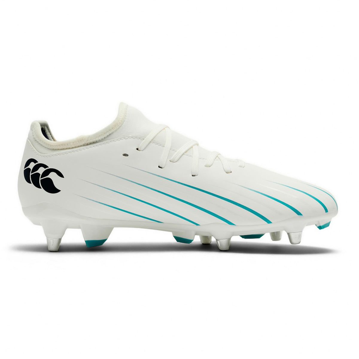 The Canterbury Speed Falcon 2.0 Team SG - White/Baltic Green rugby boot features a white upper with Baltic green stripes, a black Canterbury logo on the heel, a secure lace-up design, and molded cleats on the sole. Displayed on a plain background, these lightweight boots are ideal for players who prioritize comfort and performance.