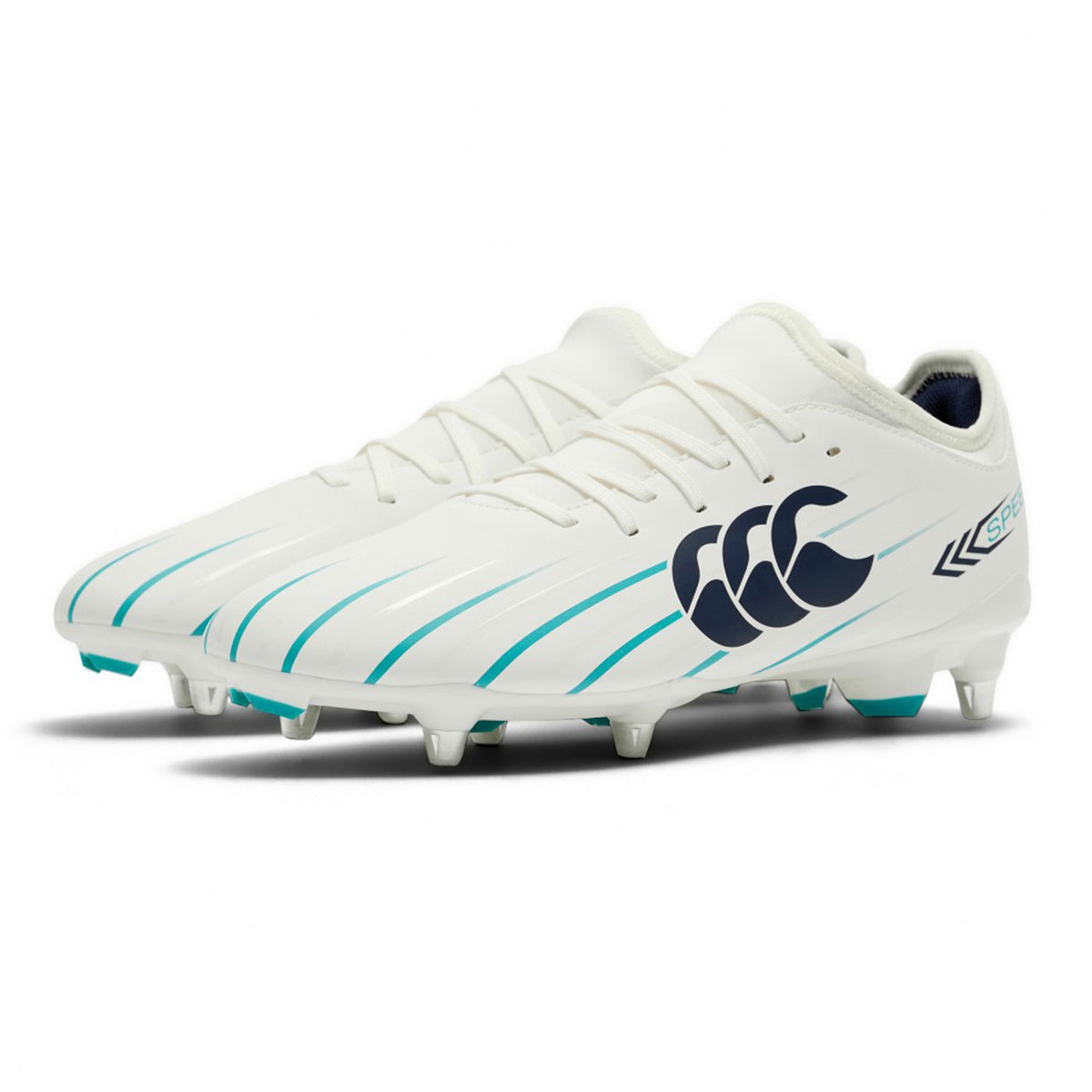 Step onto the field in the Canterbury Speed Falcon 2.0 Team SG boots, featuring a clean white look with striking Baltic Green stripes and a prominent navy Canterbury logo on the side. These lightweight, low-cut rugby boots offer metal studs for reliable grip and comfort, making them an ideal choice for players seeking performance on soft ground.