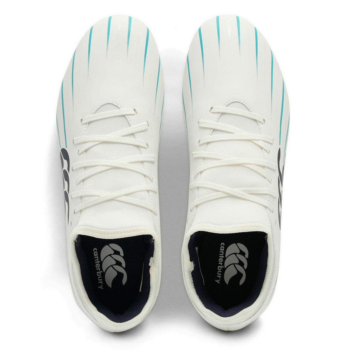 A pair of Canterbury Speed Falcon 2.0 Team SG boots in White/Baltic Green, featuring the signature Canterbury logo on the tongue and teal stripes, viewed from above with visible laces—ideal lightweight football boots for players looking for comfort and style.