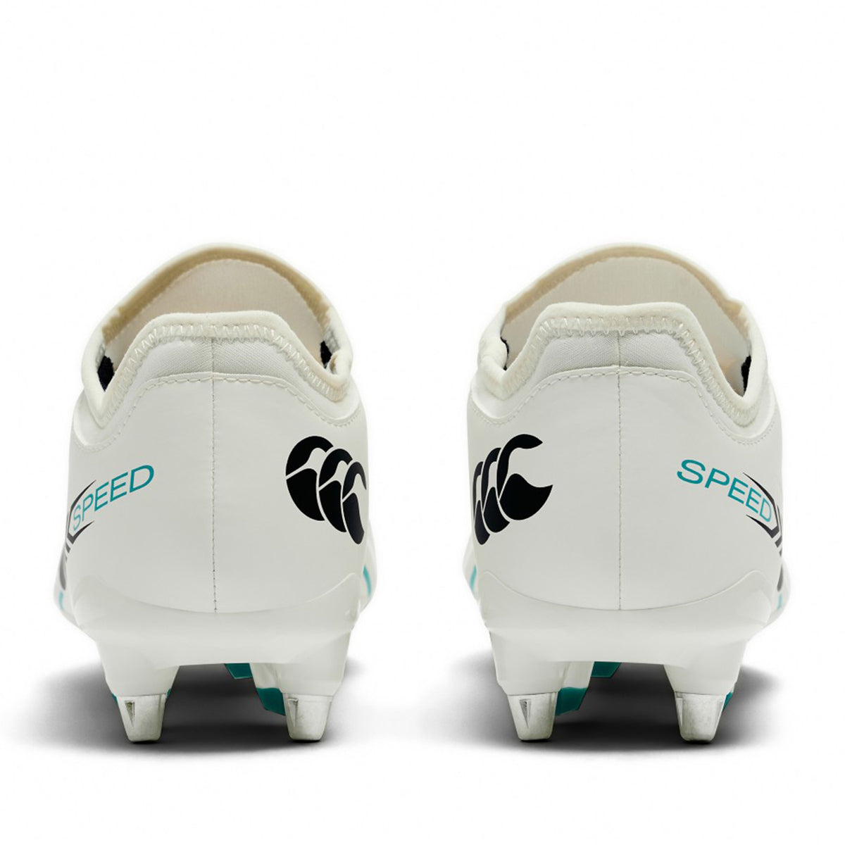 Rear view of the Canterbury Speed Falcon 2.0 Team SG football boots in white with Baltic Green accents, featuring black Canterbury logos and the word "SPEED" printed near the heels on each shoe.