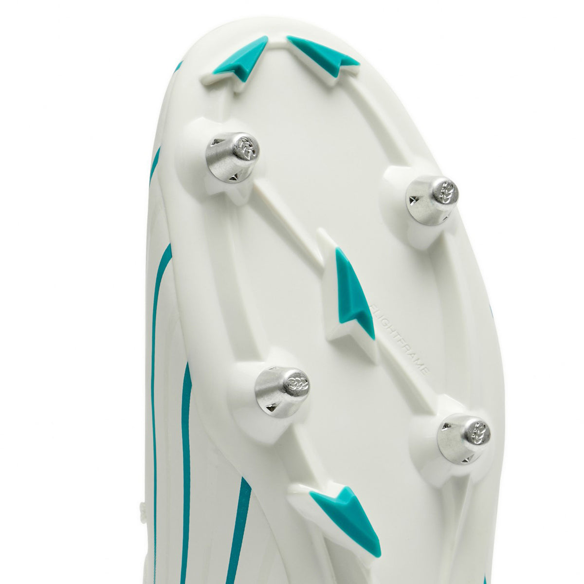 Close-up of the sole of the Canterbury Speed Falcon 2.0 Team SG football boot by Canterbury in white and Baltic green, featuring metal studs and lightweight construction for optimal traction on firm ground surfaces.