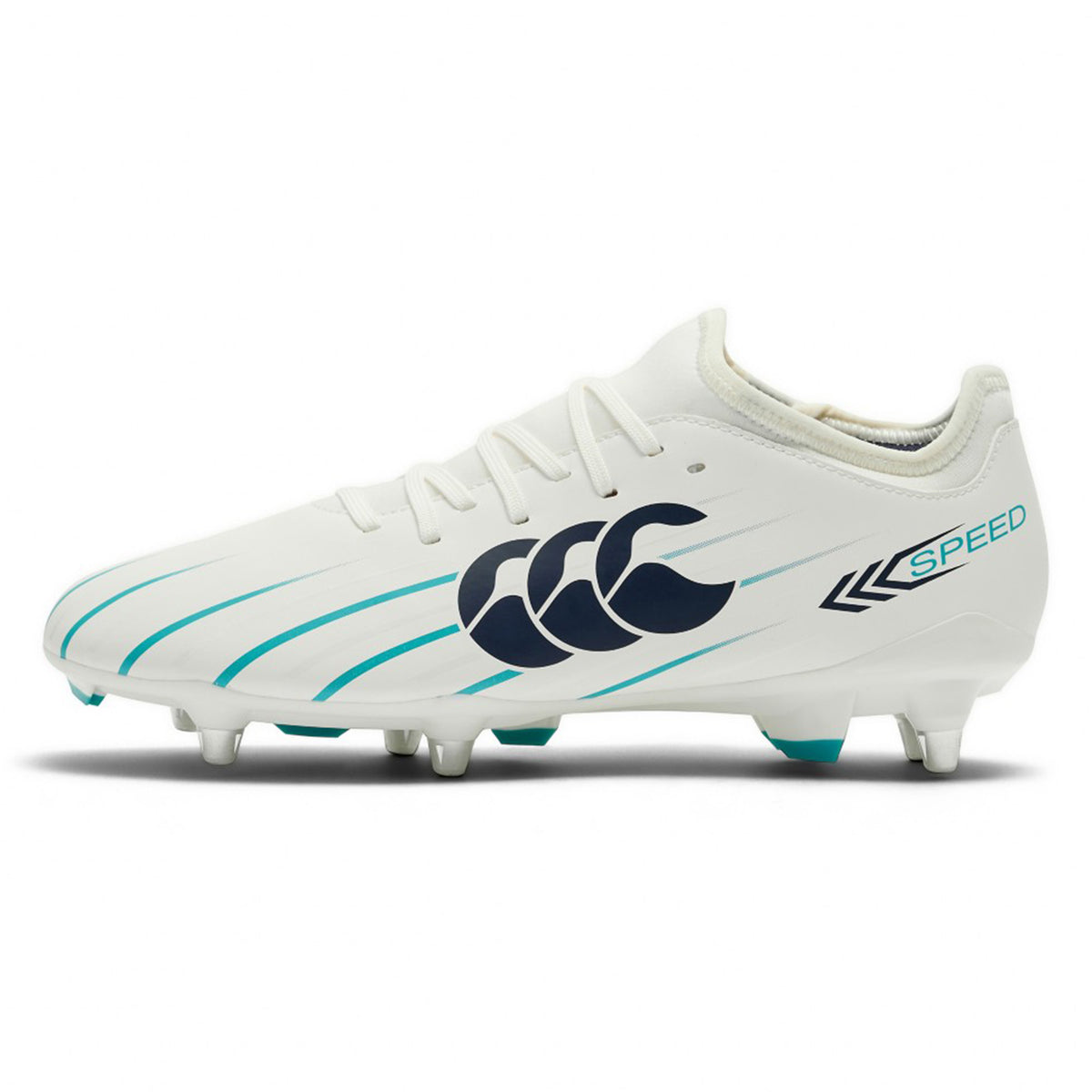 The Canterbury Speed Falcon 2.0 Team SG football boots by Canterbury are shown here in White with Baltic Green and black accents, featuring the word "SPEED" and a stylized wave logo on the side. Designed to be lightweight, these boots provide agility without sacrificing style.