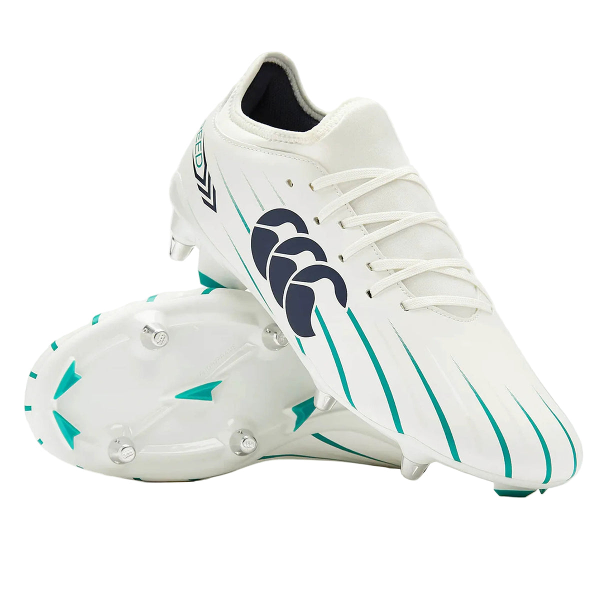 Introducing the Canterbury Speed Falcon 2.0 Team SG rugby boots in White/Baltic Green. These lightweight boots from Canterbury feature teal and black accents, metal studs on the sole for enhanced grip, and a bold black logo on the side. Designed for soft ground conditions, they deliver reliable traction and top performance throughout every match.